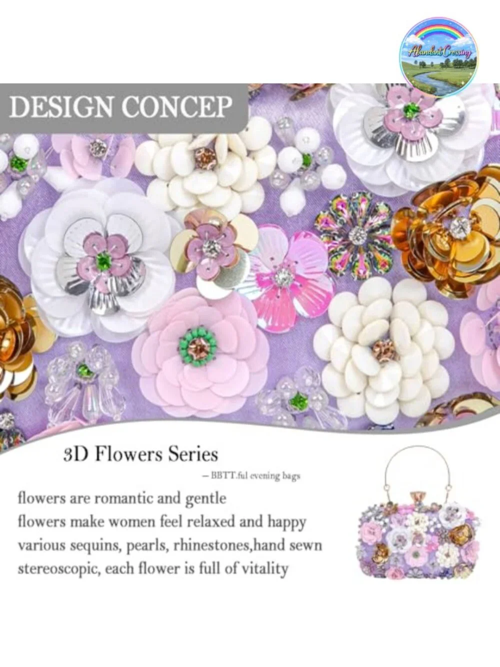 Sequin PU Leather Evening Clutch with 3D Flowers and Chain Strap